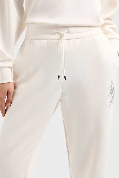 Armani Exchange Women's Regular Fit Waist Elastic Band and String Tie Rhinestone Embroidered Ax Logo Straight Leg White