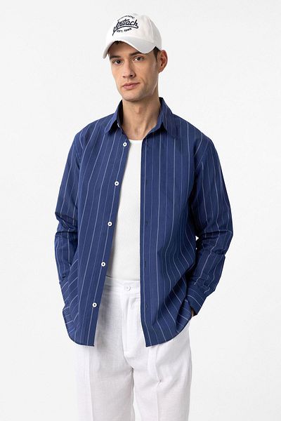 Antioch Navy Blue Relaxed Striped Men's Shirt