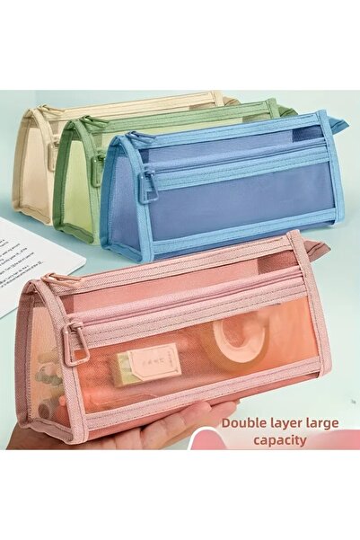 Genel Markalar Şeffaf Fileli Çift Katmanlı Kalem Kutu,Ofis Malzeme Organizatörü,Makyaj Çanta,Kalemlik