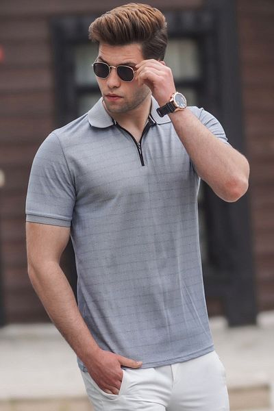 Madmext Πλεκτό ανδρικό T-Shirt σε γκρι λαιμό polo 5117