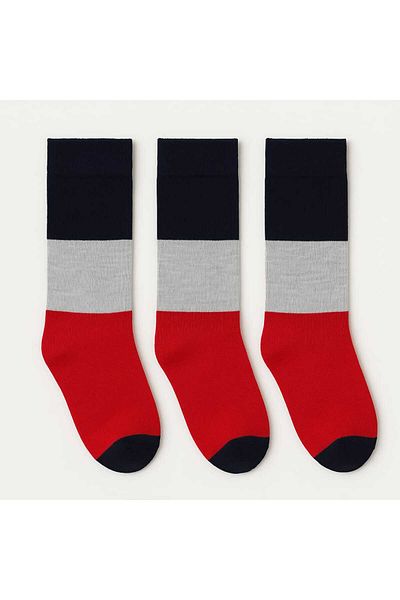 BS Parıltı Navy Blue Gray Red Socket Unisex Cotton Socks Set (3 Pcs)