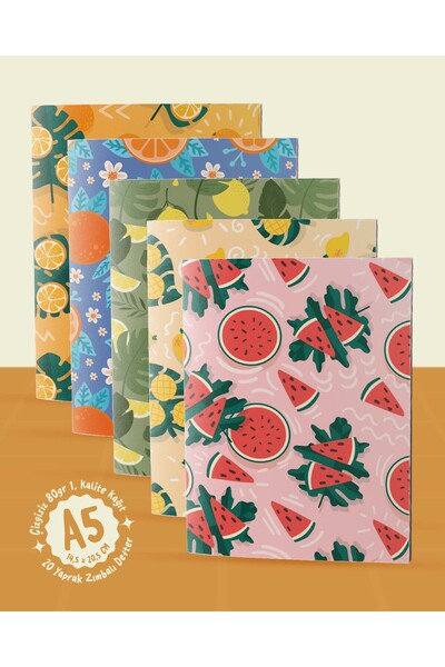 POSTERİFY Pattern Fruits Collection - A5 Staple Stitched 5 Pieces Fruit Themed Notebook - 14,5X20,5 cm