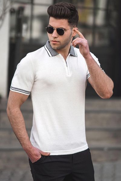 Madmext Λευκό ανδρικό μπλουζάκι Basic Polo Neck 5099
