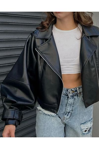 DİMMİ WOMEN Puffer Sleeve Δερμάτινο Biker Jacket Μαύρο