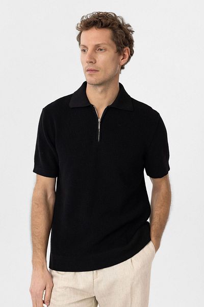Antioch Black Zippered Woven Men's Polo Neck Knitwear T-Shirt