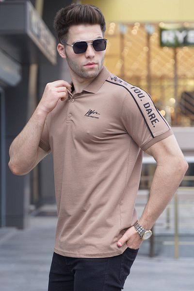 Madmext Brown Sleeve Detailed Embroidered Polo Collar T-Shirt 5892