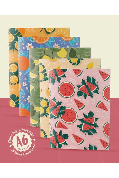 POSTERİFY Pattern Fruits Collection - 5 Fruit Themed Notebooks with A6 Staple Stitching - 10,5X14,5 cm