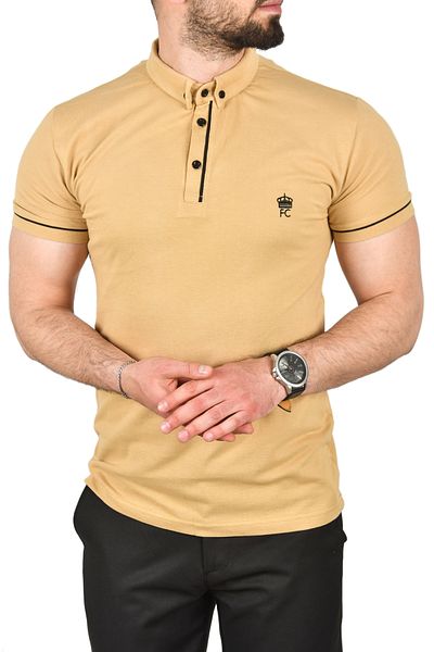 DeepSEA Ανδρικό μπλουζάκι με λαιμόκοψη Camel Slim Fit, βαμβακερό ύφασμα πικέ με γιακά πόλο που αναπνέει χωρίς κάμψη