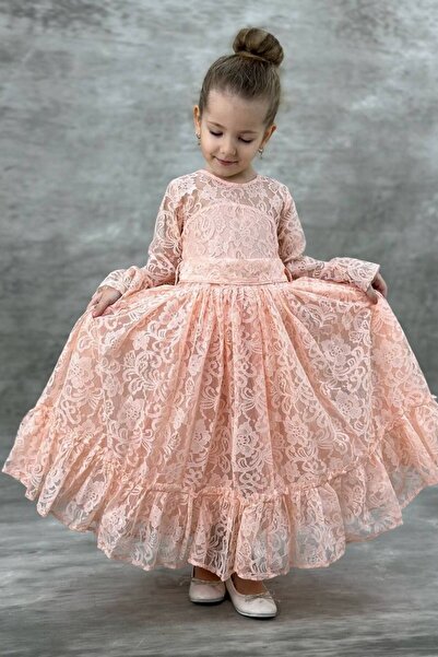 ABİYEKİDS Čipka komad dugačke haljine sa dugim rukavima i detaljnim ovratniko...