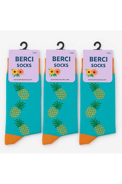 BS Parıltı Blue Orange Pineapple Patterned Unisex Socket Cotton Socks Set (3 Pcs)