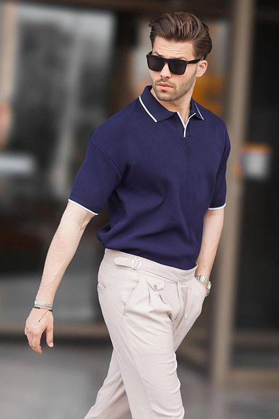 Madmext Polokragen Marineblaues Strick-T-Shirt für Herren - Kurzarm 6900