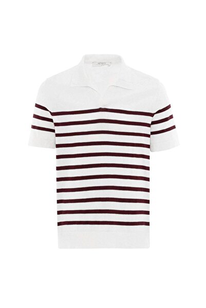 Antioch Bordo-Ekru Polo Yaka Çizgili Erkek Triko T-Shirt