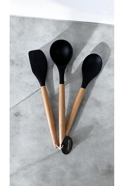 Snow Homs Set of 3 Genuine Bamboo Handle Silicone Spoon Ladle Spatula Set