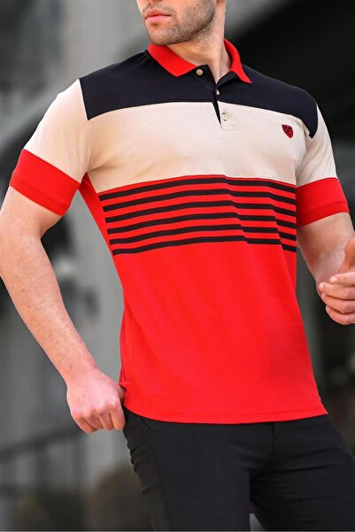 Madmext Men's Red Polo Neck Striped T-Shirt 5865