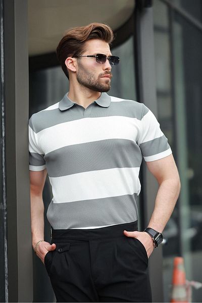 Madmext Tricou alb cu guler polo cu dungi pentru bărbați E7411