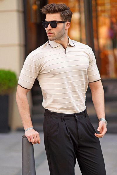 Madmext Μπεζ ανδρικό μπλουζάκι Polo Neck 6894