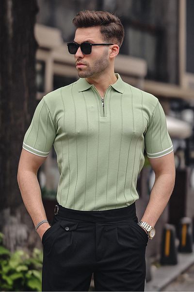 Madmext Grünes T-Shirt mit Polokragen und Reißverschluss für Herren – 6876