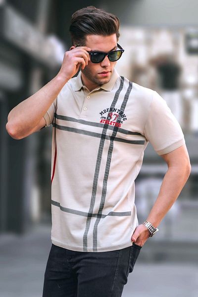 Madmext Ανδρικό μπλουζάκι Polo γιακά με μπεζ σχέδιο 5872