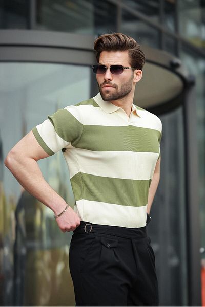 Madmext Ανδρικό πλεκτό μπλουζάκι Khaki Polo γιακά ριγέ E7411