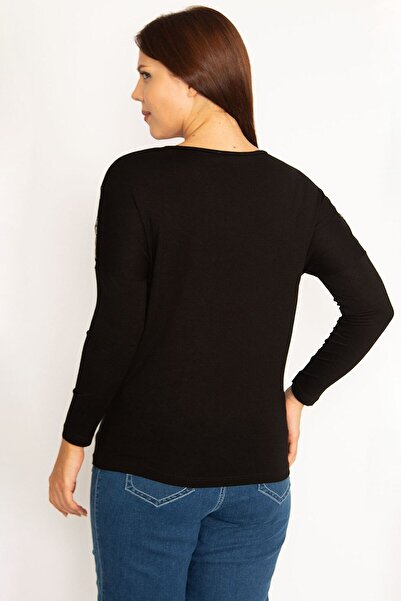 Şans Γυναικεία Lame Size Μαύρη Μπλούζα με V λαιμόκοψη μπροστά 65n34483