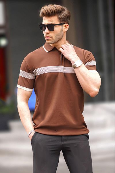 Madmext Ανδρικό μπλουζάκι Polo με λεπτομέρεια καφέ φερμουάρ 6879