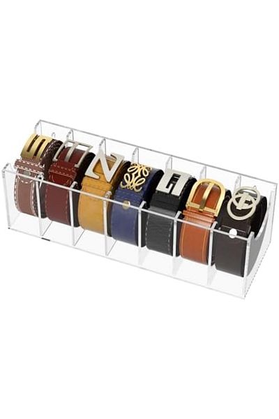 Generic Acrylic Belt Organizer with 7 Compartments for Closet Storage of Belts, Ties, and Bow Ties