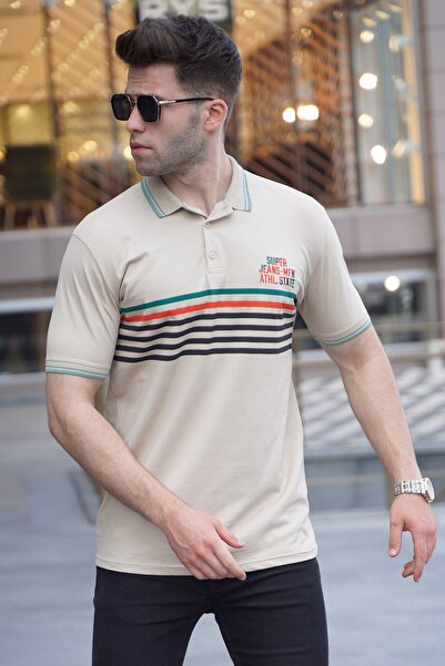 Madmext Μπεζ ριγέ μπλουζάκι πόλο με λαιμόκοψη 5869