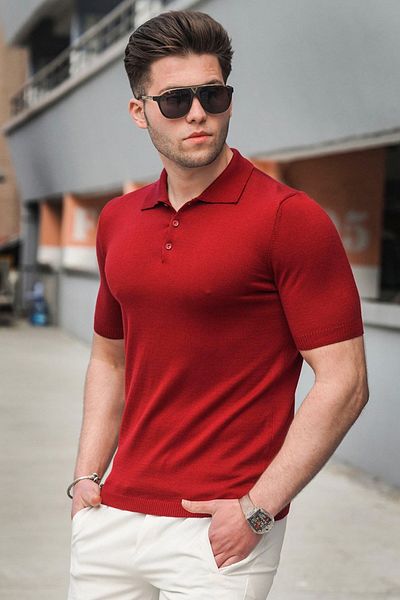 Madmext Pánské pletené tričko Claret Red Polo Neck 5078