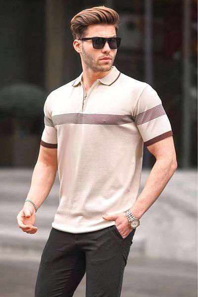 Madmext Steinfarbenes Herren-T-Shirt mit Reißverschluss und detailliertem Polokragen 6879