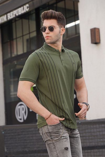 Madmext Men's Polo Neck Khaki Green T-Shirt 5822