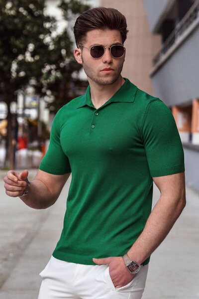 Madmext Ανδρικό πλεκτό μπλουζάκι Green Polo Neck 5078