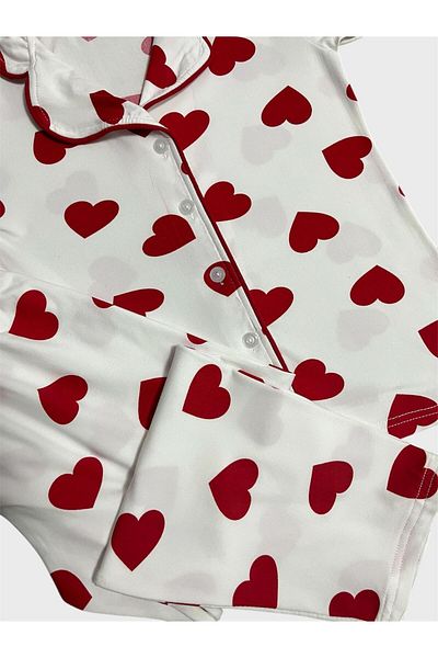 tusem butik homewear Set de pijamale cu mânecă scurtă, 100% bumbac, alb, cu model de inimă, pentru fete