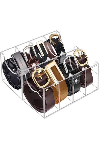Generic Acrylic Belt Organizer with 8 Compartments for Closet Storage of Ties, Jewelry, Watches, and Rings