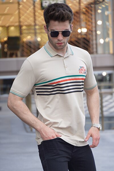 Madmext Μπεζ ριγέ μπλουζάκι πόλο με λαιμόκοψη 5869