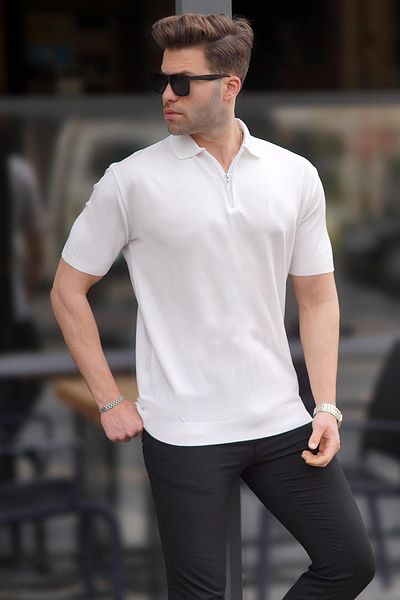 Madmext Weißes Strick-T-Shirt mit Polokragen und Reißverschluss 6885