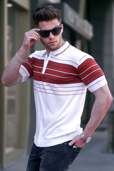 Madmext Men's White Polo Collar Zippered T-Shirt 5733