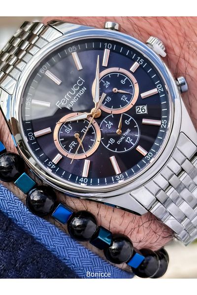 Ferrucci Silver-Navy Blue,Functions Active,Steel Cord, Men's Wristwatch Bracelet in Gift Box