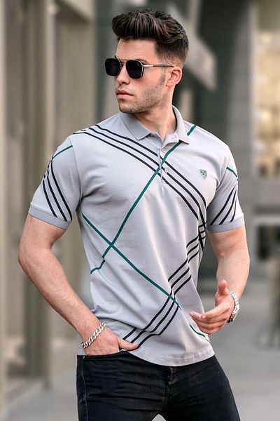 Madmext T-Shirt mit Polokragen und Muster in Grau 5870