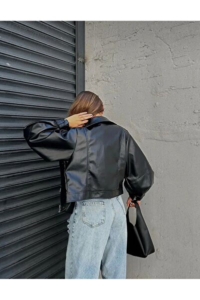 DİMMİ WOMEN Шкіряна байкерська куртка з повітряним рукавом чорна