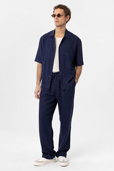 Antioch Navy Blue Linen Blend Short Sleeve Men's Shirt