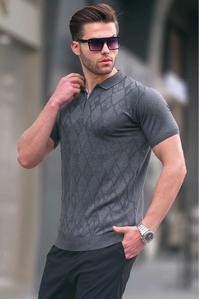 Madmext Gemustertes Strick-T-Shirt mit Polokragen in Anthrazit 6357
