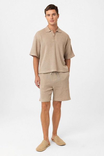 Antioch Beige Polo Neck Textured Relaxed Men's T-Shirt