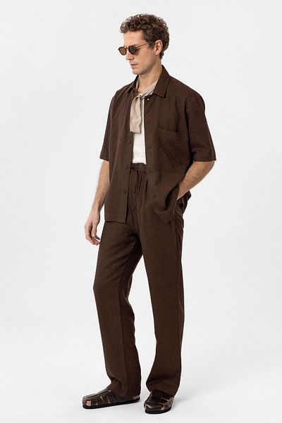 Antioch Brown Linen Blended Short Sleeve Men's Shirt