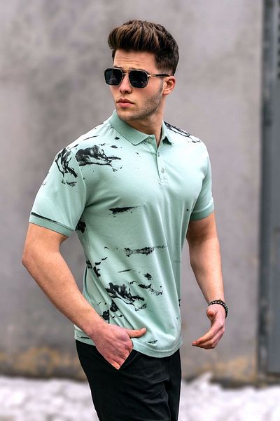 Madmext Ανδρικό μπλουζάκι με μοτίβο με γιακά Polo Mint Green