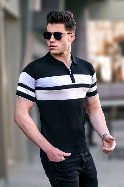 Madmext Schwarzes Herren-T-Shirt mit Polokragen und Reißverschluss 5730