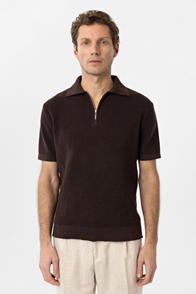 Antioch Brown Zippered Woven Men's Polo Neck Knitwear T-Shirt