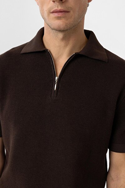 Antioch Brown Zippered Woven Men's Polo Neck Knitwear T-Shirt