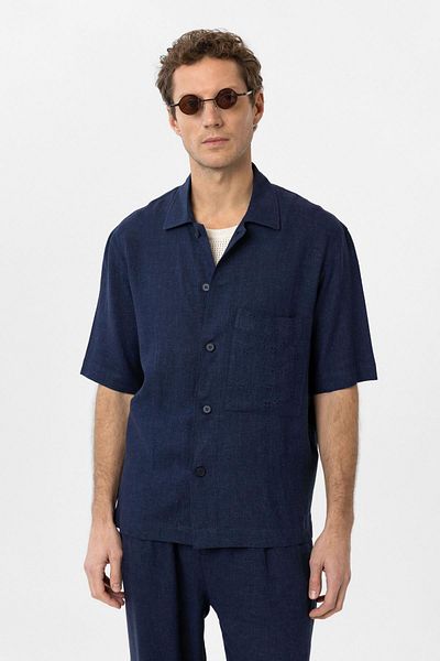 Antioch Navy Blue Linen Blend Short Sleeve Men's Shirt