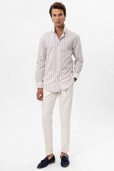 Antioch Beige Slim Fit Striped Men's Shirt