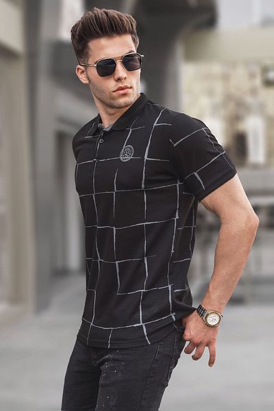 Madmext Black Patterned Polo Collar T-Shirt 5887
